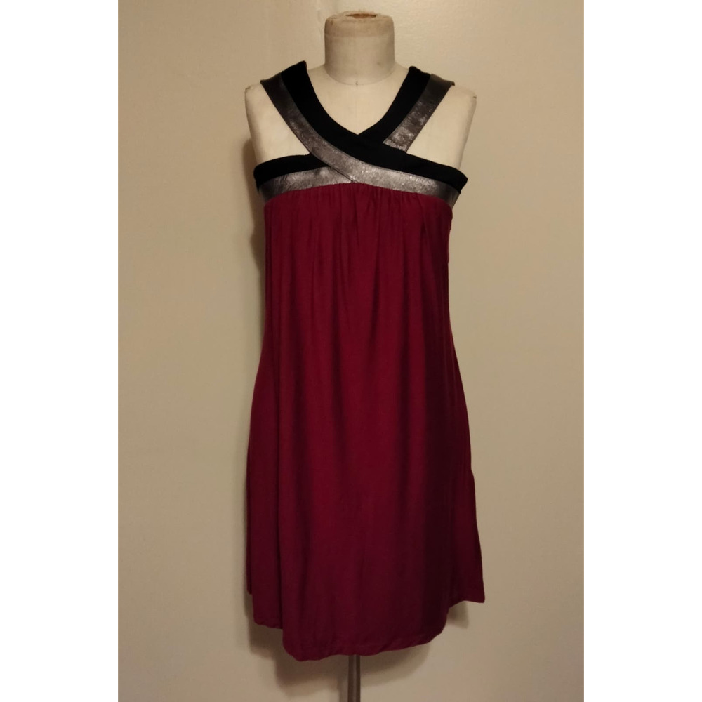Akiko Plum Metallic Leather Trimmed Jersey Knit Shift Dress  S